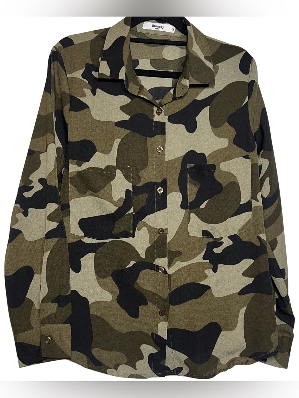 Runway Paris M Olive Green Camo Button-Up Shirt